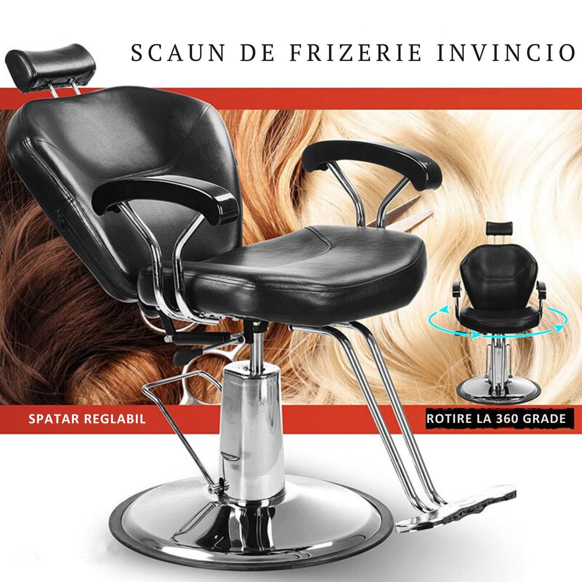 Scaun frizerie/coafor Invincio EasyCut, design ergonomic, piston hidraulic, rotire la 360 de grade, spatar rabatabil, inaltime reglabila, material durabil si rezistent, negru mat