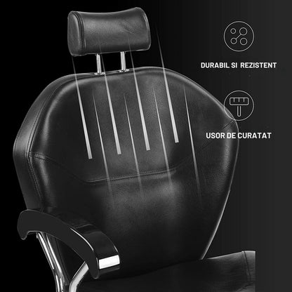 Scaun frizerie/coafor Invincio EasyCut, design ergonomic, piston hidraulic, rotire la 360 de grade, spatar rabatabil, inaltime reglabila, material durabil si rezistent, negru mat