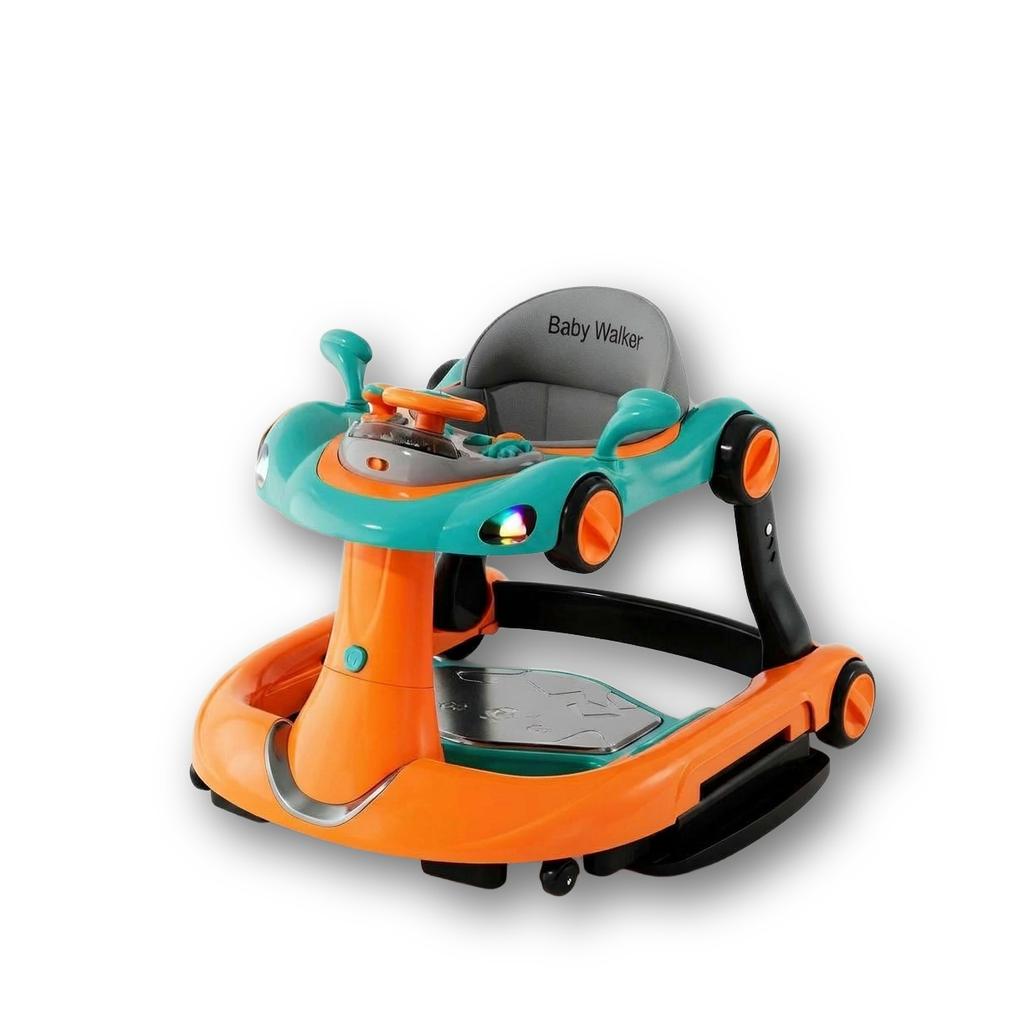 Premergator Invincio Micul Campion Driver, Lumini si 5 Melodii educationale in Limba Romana, multifunctional, antemergator, umbrar si maner control parental, reglabil pe inaltime, roti cu frana de siguranta, Portocaliu Turcoaz