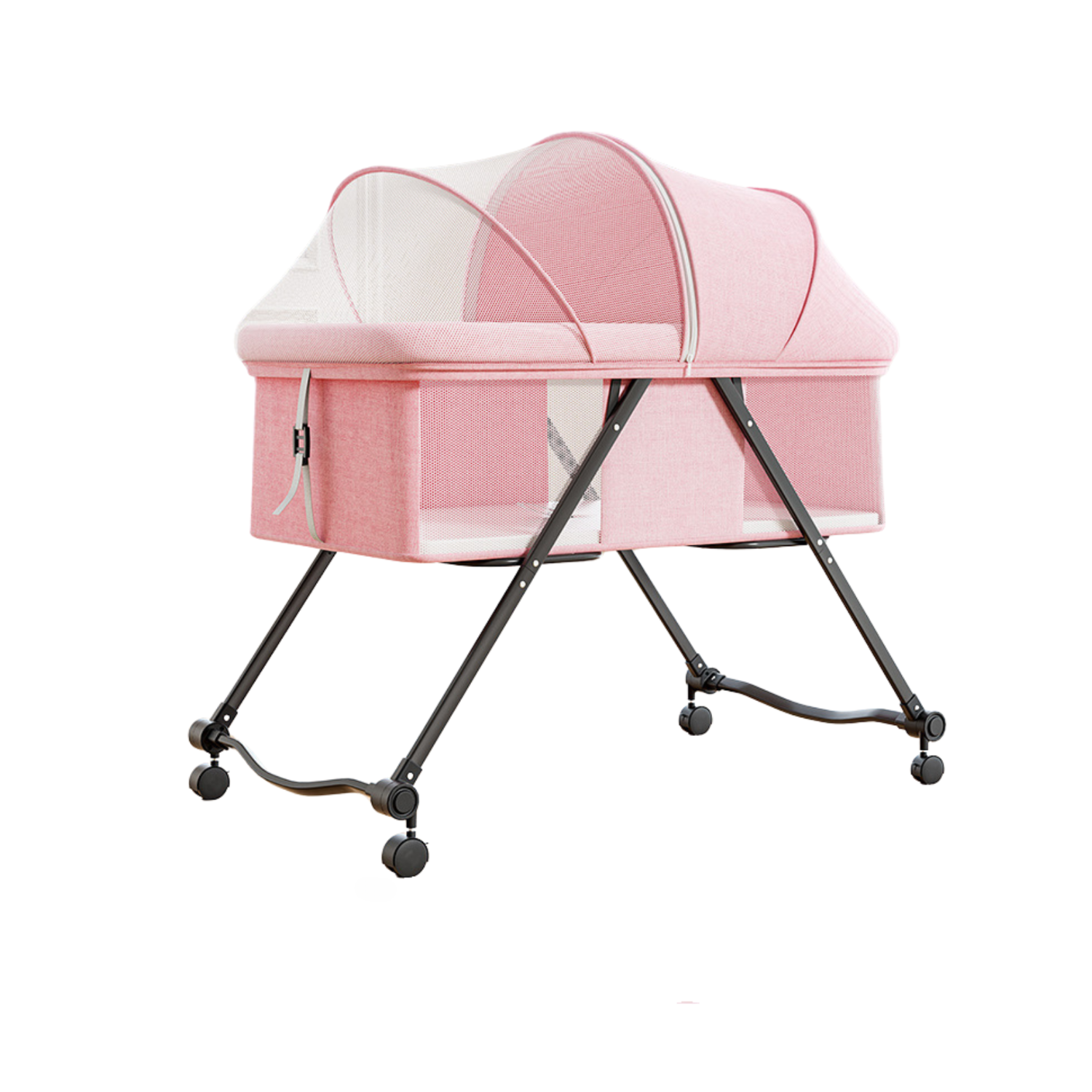 Patut Pliabil pentru bebelusi Bezubi Stars, multifunctional 3 in 1, pat, balansoar si plasa anti-insecte, sistem de blocare roti, 3 trepte de inclinare spatar si zona capului, portabil, adecvat nou nascuti - 2 ani, roz