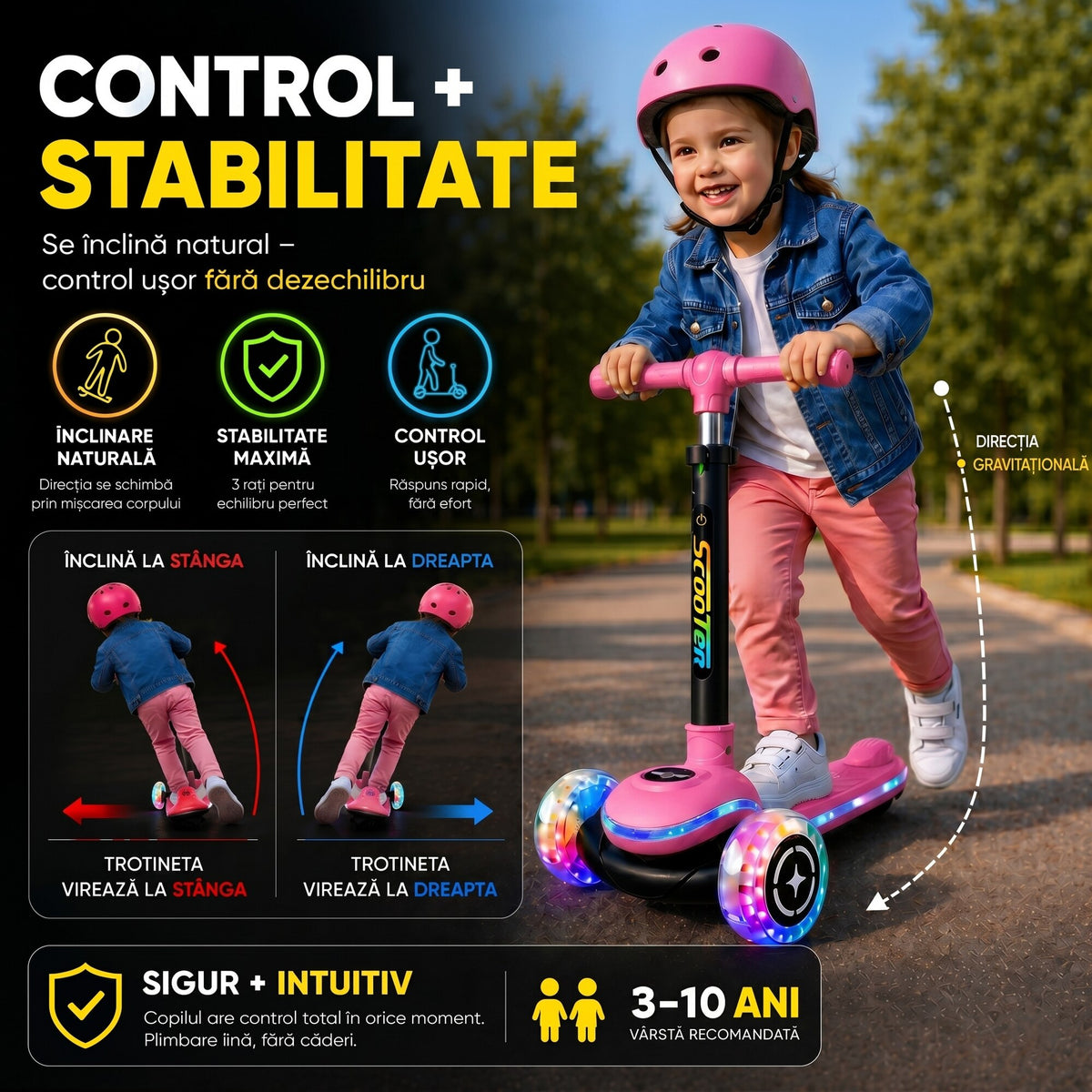 Trotineta cu 3 Roti pentru Copii Invincio® Happy, Lumini LED Interactive pe Platforma, Roti si Tija, Ghidon pliabil si Reglabil pe inaltime, Mecanism Inclinare naturala, 3-10 Ani, Roz Pastel