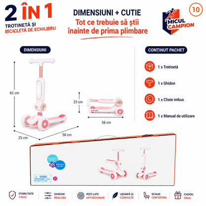 Trotineta Fete 2 in 1 INVINCIO Play – Bicicleta de Echilibru cu Scaun rabatabil, 3 Roti EVA pline silentioase, LED Frontal pentru siguranta sporita, Pliabila usor de depozitat si transportat, Ghidon Reglabil, Frana Spate, 2-5 ani, Max. 30 kg, Alb/Roz