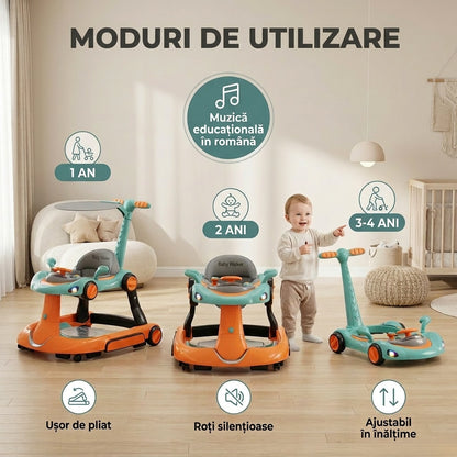Premergator Invincio Micul Campion Driver, Lumini si 5 Melodii educationale in Limba Romana, multifunctional, antemergator, umbrar si maner control parental, reglabil pe inaltime, roti cu frana de siguranta, Portocaliu Turcoaz