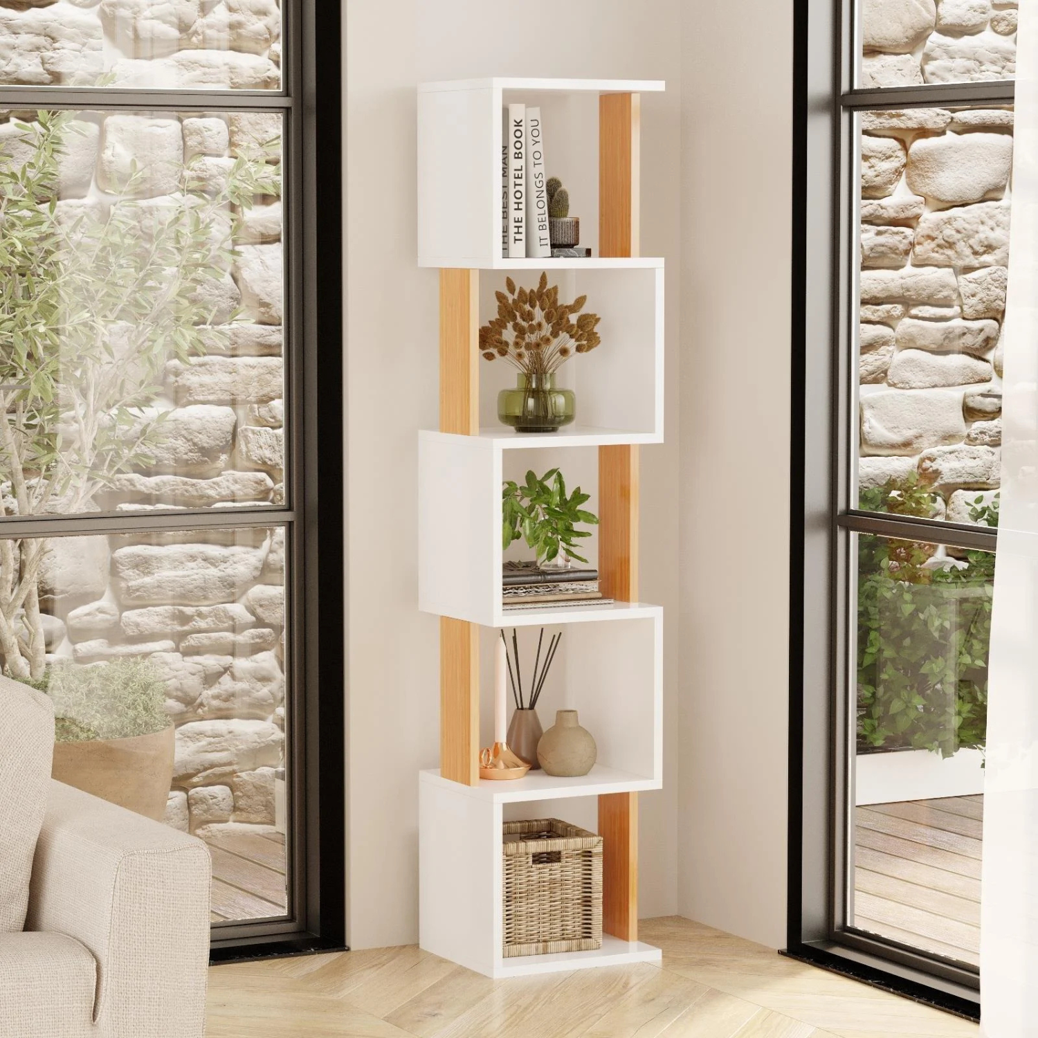 Biblioteca Bezubi Milano, verticala moderna cu 5 rafturi tip cub, dimensiuni 160 x 30 x 35 cm, structura robusta, stil minimalist pentru living sau birou, alb