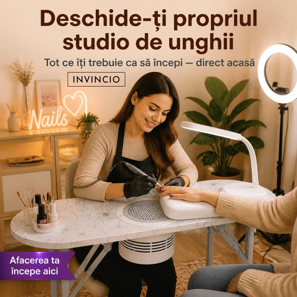 Masa pliabila pentru manichiura INVINCIO Practic Style, aspirator praf de unghii de mare putere vortex, perna incheieturi inclusa, roti deplasare, blat spatios usor de curatat, portabila si pliabila, alba
