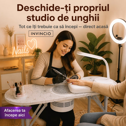 Masa pliabila pentru manichiura INVINCIO Practic Style, aspirator praf de unghii de mare putere vortex, perna incheieturi inclusa, roti deplasare, blat spatios usor de curatat, portabila si pliabila, alba