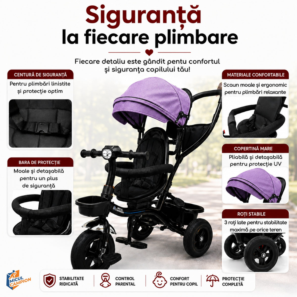Tricicleta Copii Invincio Micul Campion Explorer, Scaun Reversibil 360°, Lumini si Muzica, Copertina anti ploaie si soare UV Extensibila si detasabila, Maner Parental, Roti EVA confort silentioase, Cos Depozitare, Bara Protectie, 2-5 Ani, Max. 35 Kg, Mov