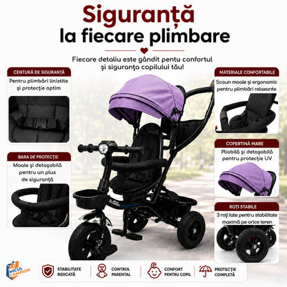 Tricicleta Copii Invincio Micul Campion Explorer, Scaun Reversibil 360°, Lumini si Muzica, Copertina anti ploaie si soare UV Extensibila si detasabila, Maner Parental, Roti EVA confort silentioase, Cos Depozitare, Bara Protectie, 2-5 Ani, Max. 35 Kg, Mov