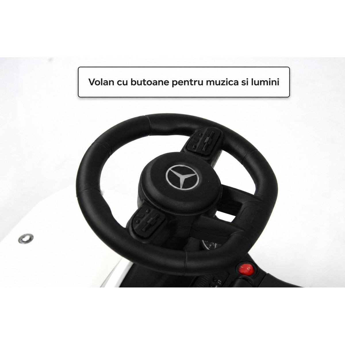 Masina de copii Invincio Mercedes G Class, Muzica si Lumini, Functie de balansoar, Depozitare sub sezut, masinuta cu spatar, Alba