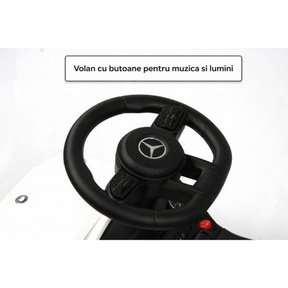 Masina de copii Invincio Mercedes G Class, Muzica si Lumini, Functie de balansoar, Depozitare sub sezut, masinuta cu spatar, Alba