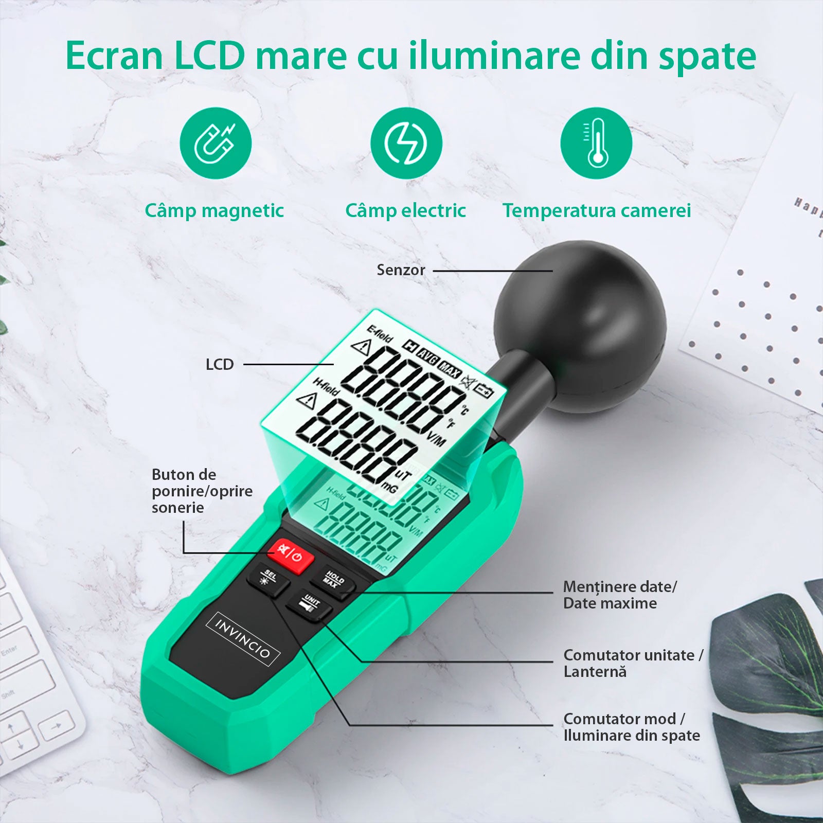 Detector Radiatii Electro-magnetice Invincio EMF, Digital cu Display LCD Iluminat, Detectare Camp Electric, Electromagnetic, mG/µT/(V/M), Temperatura ℃/℉, Functie Memorare Valoare Maxima, Lanterna, Negru