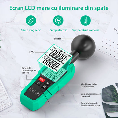 Detector Radiatii Electro-magnetice Invincio EMF, Digital cu Display LCD Iluminat, Detectare Camp Electric, Electromagnetic, mG/µT/(V/M), Temperatura ℃/℉, Functie Memorare Valoare Maxima, Lanterna, Negru