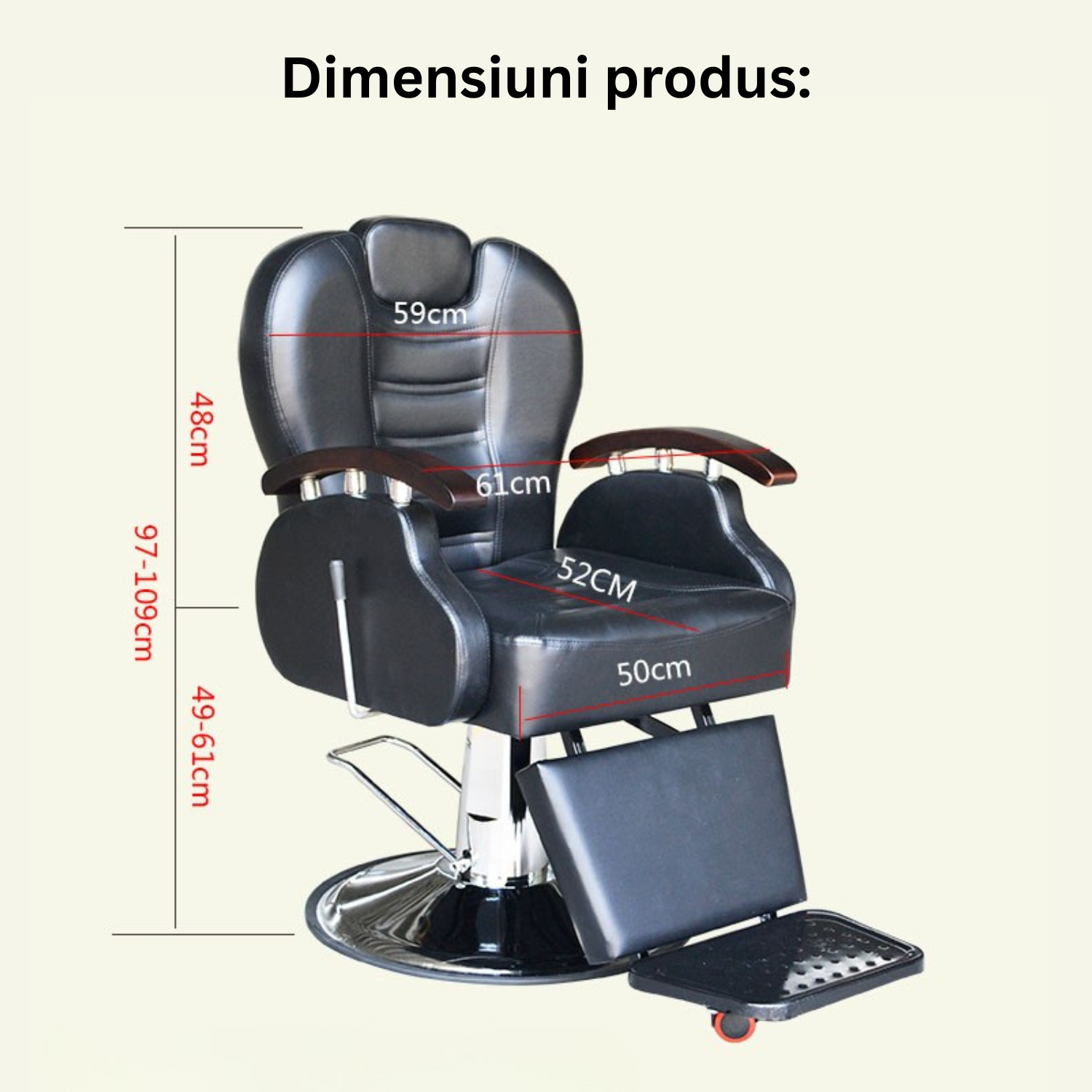 Scaun frizerie si barber shop Invincio™ Style, Rotire la 360 grade, Rabatabil 160 grade, Piston hidraulic actionat cu piciorul, Reglabil pe inaltime, Tetiera reglabila, Piele ecologica, Culoare Negru