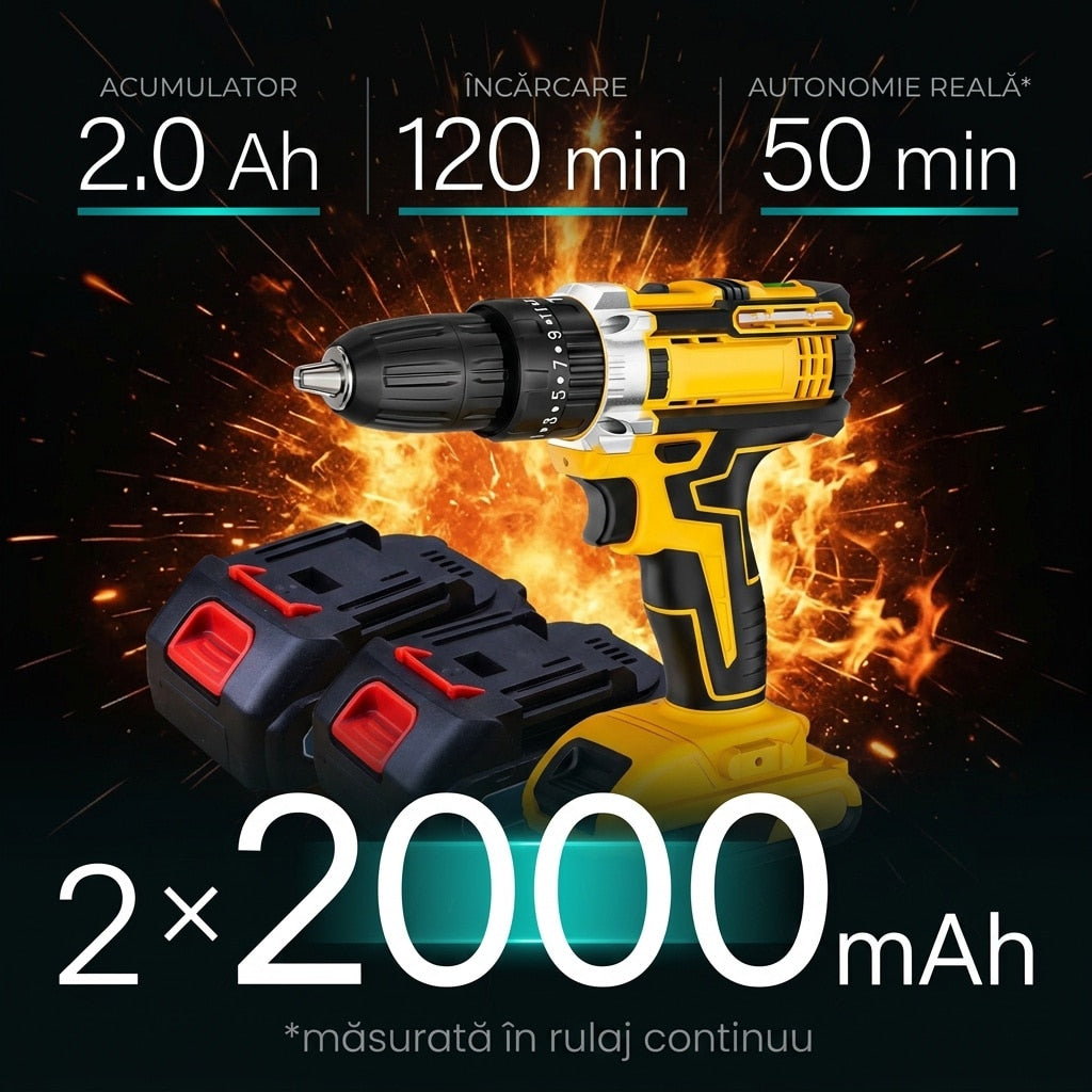 Bormasina cu acumulator INVINCIO Profesional, masina de gaurit cu percutie, 2 baterii 2000mAh Li-Ion, 2 trepte 400/2000 RPM, accesorii, 35 Nm, autofiletanta, masina de insurubat, mandrina rapida 0.8–10 mm, surubelnita electrica, cutie BMC