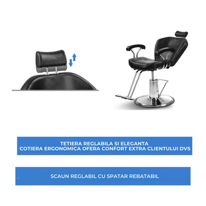 Scaun frizerie/coafor Invincio EasyCut, design ergonomic, piston hidraulic, rotire la 360 de grade, spatar rabatabil, inaltime reglabila, material durabil si rezistent, negru mat