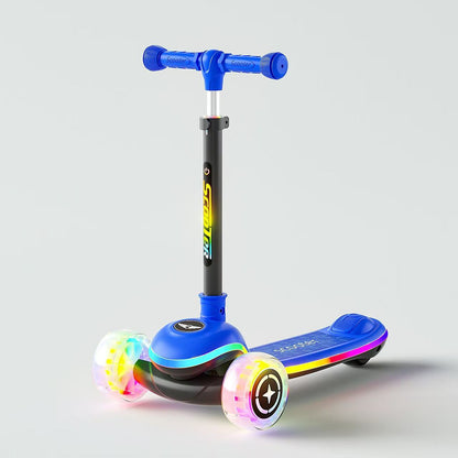 Trotineta 3 Roti Copii Invincio® Happy, 20 Moduri Iluminare LED RGB, Roti Luminoase PU silentioase si aderente, Ghidon Pliabil si Telescopic 3 Trepte, Stabilitate Maxima, Pana la 50kg, 3-10 Ani, Albastru Royal