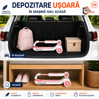 Trotineta Fete 2 in 1 INVINCIO Play – Bicicleta de Echilibru cu Scaun rabatabil, 3 Roti EVA pline silentioase, LED Frontal pentru siguranta sporita, Pliabila usor de depozitat si transportat, Ghidon Reglabil, Frana Spate, 2-5 ani, Max. 30 kg, Alb/Roz