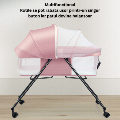 Patut Pliabil pentru bebelusi Bezubi Stars, multifunctional 3 in 1, pat, balansoar si plasa anti-insecte, sistem de blocare roti, 3 trepte de inclinare spatar si zona capului, portabil, adecvat nou nascuti - 2 ani, roz