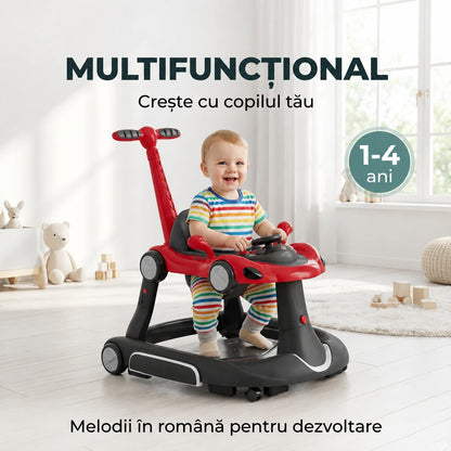 Premergator Invincio Micul Campion Driver, Lumini si 5 Melodii educationale in Limba Romana, multifunctional, antemergator, umbrar si maner control parental, reglabil pe inaltime, roti cu frana de siguranta, Rosu Negru