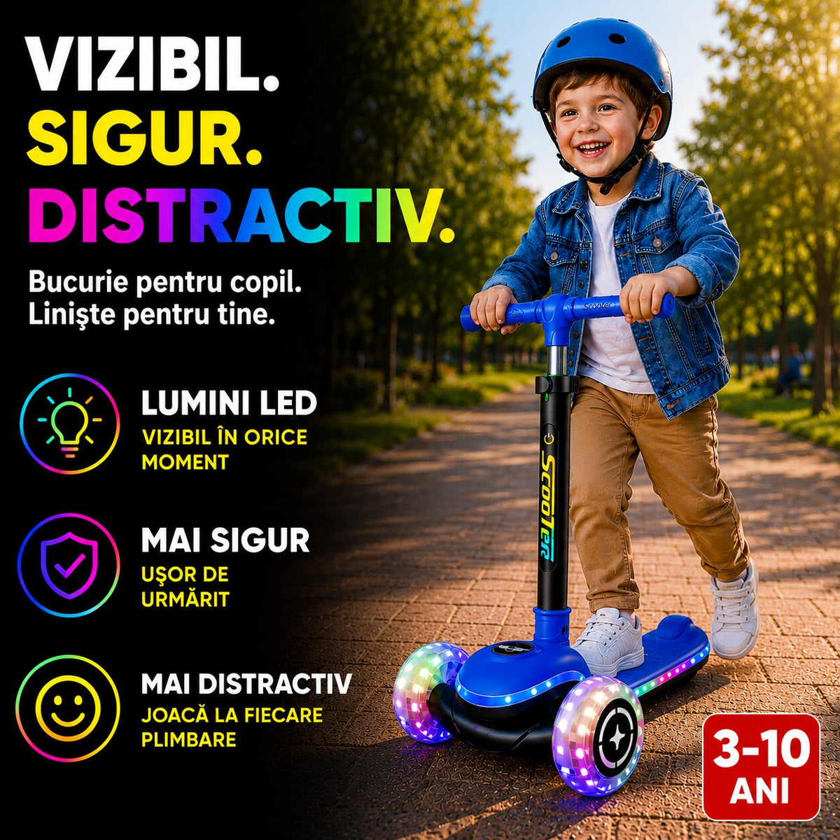 Trotineta 3 Roti Copii Invincio® Happy, 20 Moduri Iluminare LED RGB, Roti Luminoase PU silentioase si aderente, Ghidon Pliabil si Telescopic 3 Trepte, Stabilitate Maxima, Pana la 50kg, 3-10 Ani, Albastru Royal