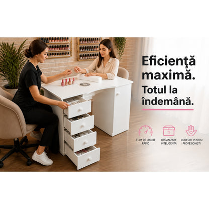 Masa manichiura profesionala Invincio, cu aspirator de praf, 4 sertare si dulap lateral, alb, 120x45x76 cm
