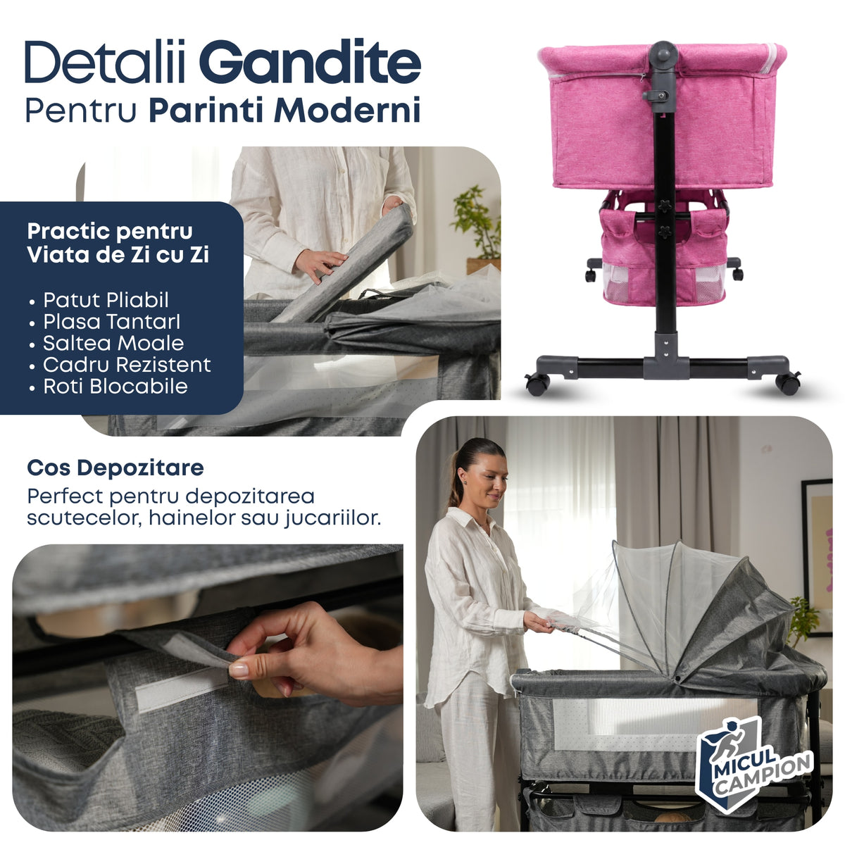 Pat nou-nascut Invincio Dream, Patut bebelus pliabil si portabil, Functie Co-Sleeper si Leganare, Saltea si plasa anti-tantari incluse, Inaltime Reglabila 2 Pozitii si inclinare anti-reflux, Cos Depozitare, Roti cu Blocare, 95×60×80cm, Pana la 15kg, Roz