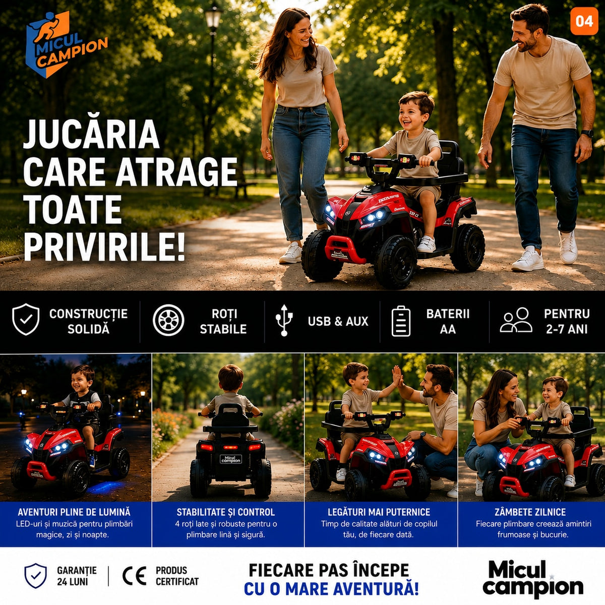 ATV de impins pentru copii Invincio Micul Campion OffRoad 2 in 1, 2-7 ani, maner parental, bara protectie si parasolar detasabile, Faruri functionale, panou muzical USB, suport picioare, max. 30 kg, Rosu