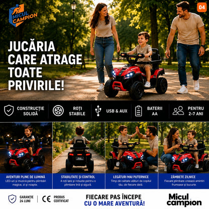 ATV de impins pentru copii Invincio Micul Campion OffRoad 2 in 1, 2-7 ani, maner parental, bara protectie si parasolar detasabile, Faruri functionale, panou muzical USB, suport picioare, max. 30 kg, Rosu