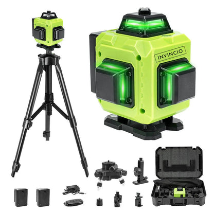 Nivela cu laser verde INVINCIO 4D cu telecomanda, 16 linii orizontal, vertical, perimetral, trepied si prindere magnetica, cumpana uz interior si exterior, auto-nivelare +/-3grade, rotire 360 grade, 2 acumulatori de schimb