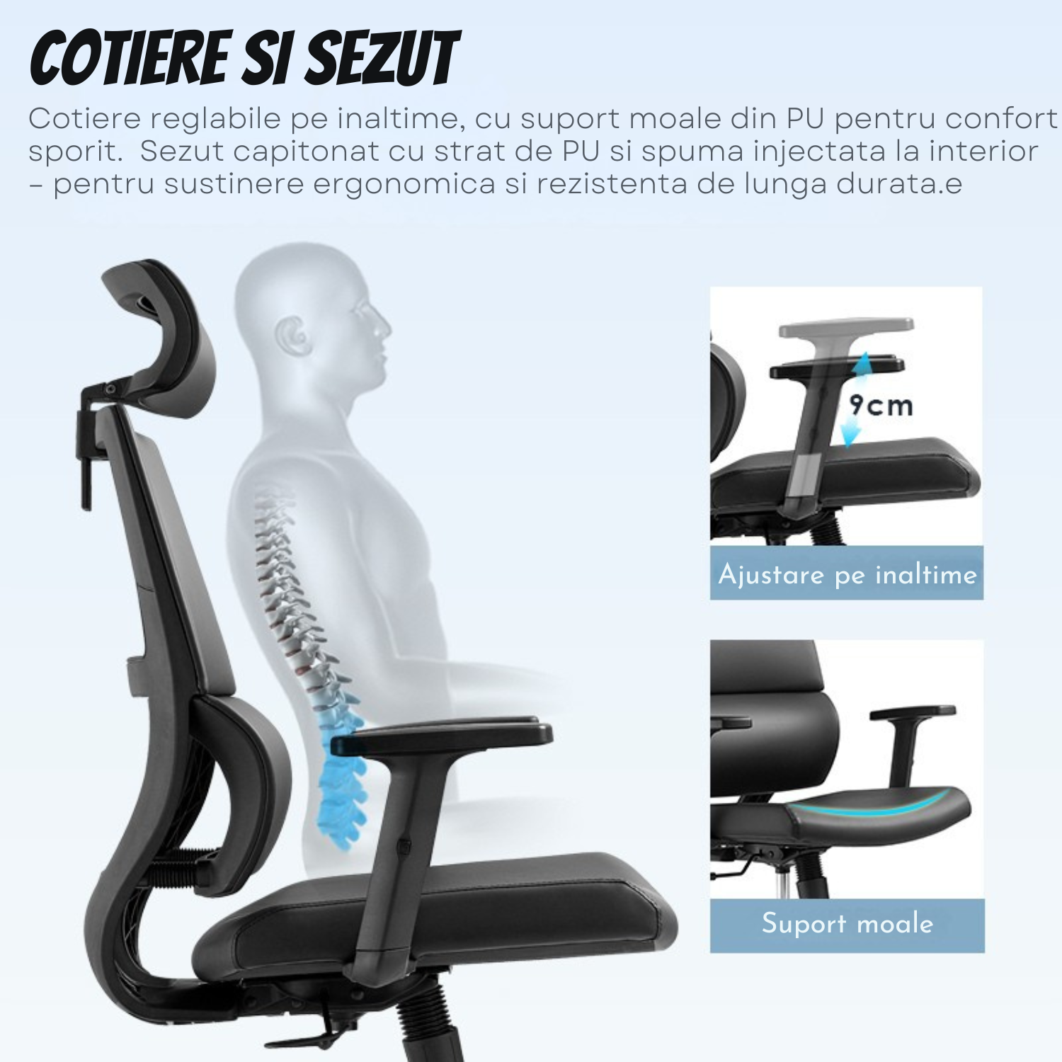 Scaun Ergonomic de Birou, Invincio, Bonnie-H, Spatar Mesh, Tetiera si Suport Lombar 2D Reglabil, Cotiere PU Reglabile pe Inaltime, Sezut cu Spuma Densa, Baza PP 310mm, Sistem de Blocare Inclinare, Sarcina Maxima 136kg, Negru