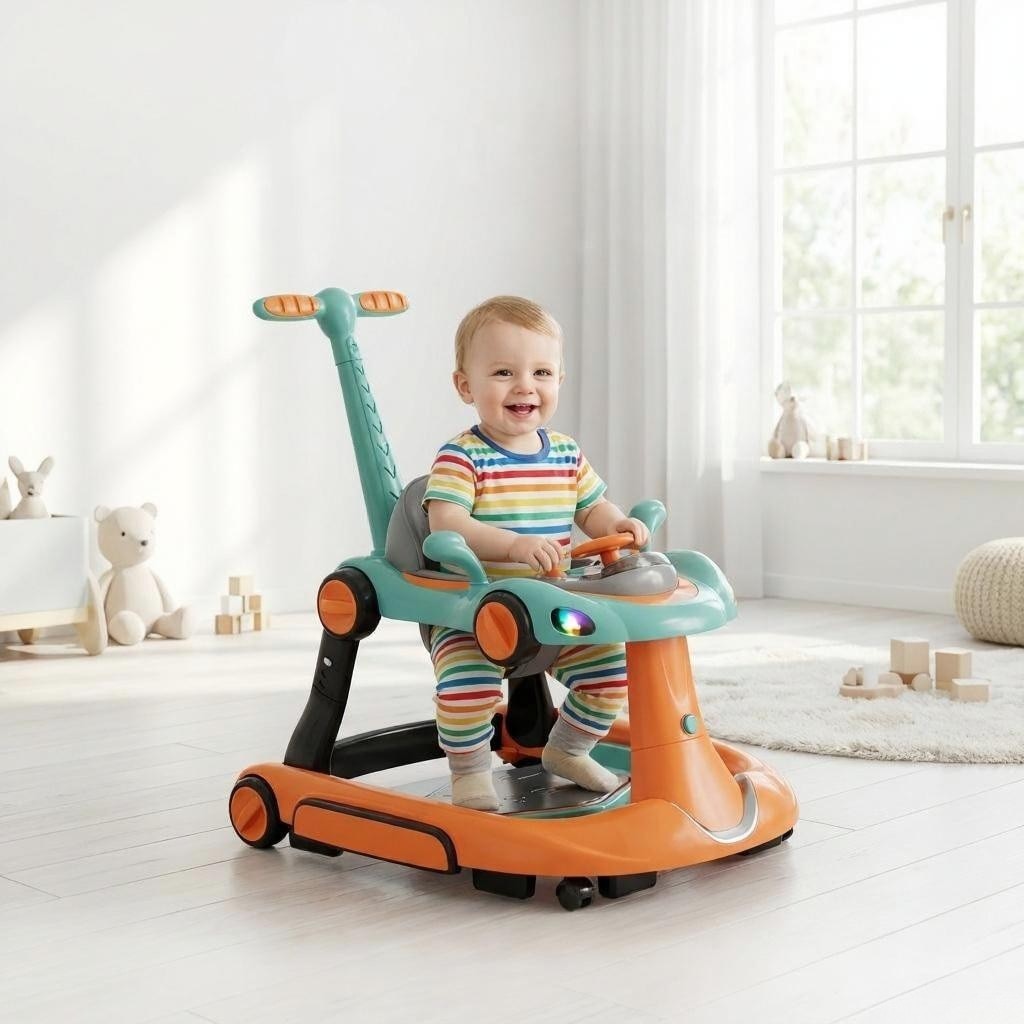 Premergator Invincio Micul Campion Driver, Lumini si 5 Melodii educationale in Limba Romana, multifunctional, antemergator, umbrar si maner control parental, reglabil pe inaltime, roti cu frana de siguranta, Portocaliu Turcoaz