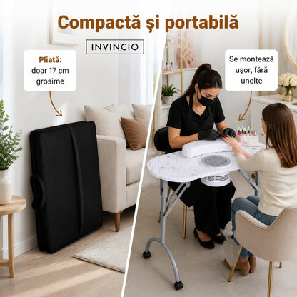Masa pliabila pentru manichiura INVINCIO Practic Style, aspirator praf de unghii de mare putere vortex, perna incheieturi inclusa, roti deplasare, blat spatios usor de curatat, portabila si pliabila, alba