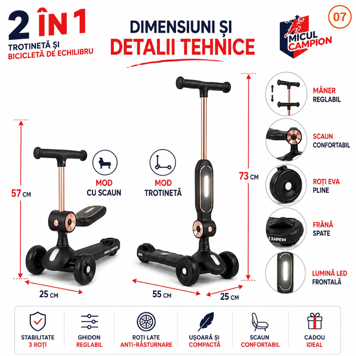 Trotineta copii 2 in 1 cu scaun INVINCIO Play Micul Campion, Bicicleta de echilibru, 3 roti EVA pline si silentioase, Lumina LED frontala Siguranta Sporita, Ghidon reglabil, Pliabila usor de depozitat si transportat, 2-5 ani, max. 30 kg, Negru