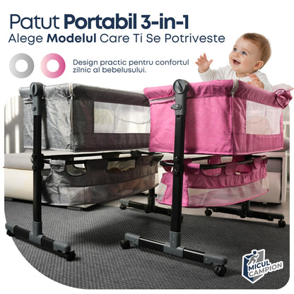 Pat nou-nascut Invincio Dream, Patut bebelus pliabil si portabil, Functie Co-Sleeper si Leganare, Saltea si plasa anti-tantari incluse, Inaltime Reglabila 2 Pozitii si inclinare anti-reflux, Cos Depozitare, Roti cu Blocare, 95×60×80cm, Pana la 15kg, Roz