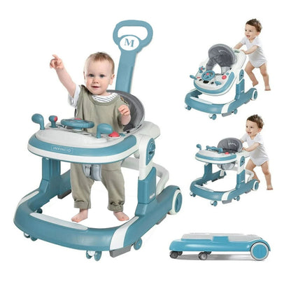 Premergator 4 in 1 INVINCIO First Steps, copii 6-24luni, Jucarii Motricitate Interactive, Mod Antemergator, roti silentioase, sistem anti-rasturnare, pliabil si ajustabil pe inaltime in 4 nivele, greutate maxima 30 kg, albastru