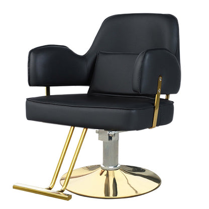 Scaun profesional frizerie/coafor Invincio Moda 2, reglabil pe inaltime, pompa hidraulica, rotire 360 grade, suport picioare, tapiterie piele ecologica, design premium cu detalii aurii, culoare negru-auriu