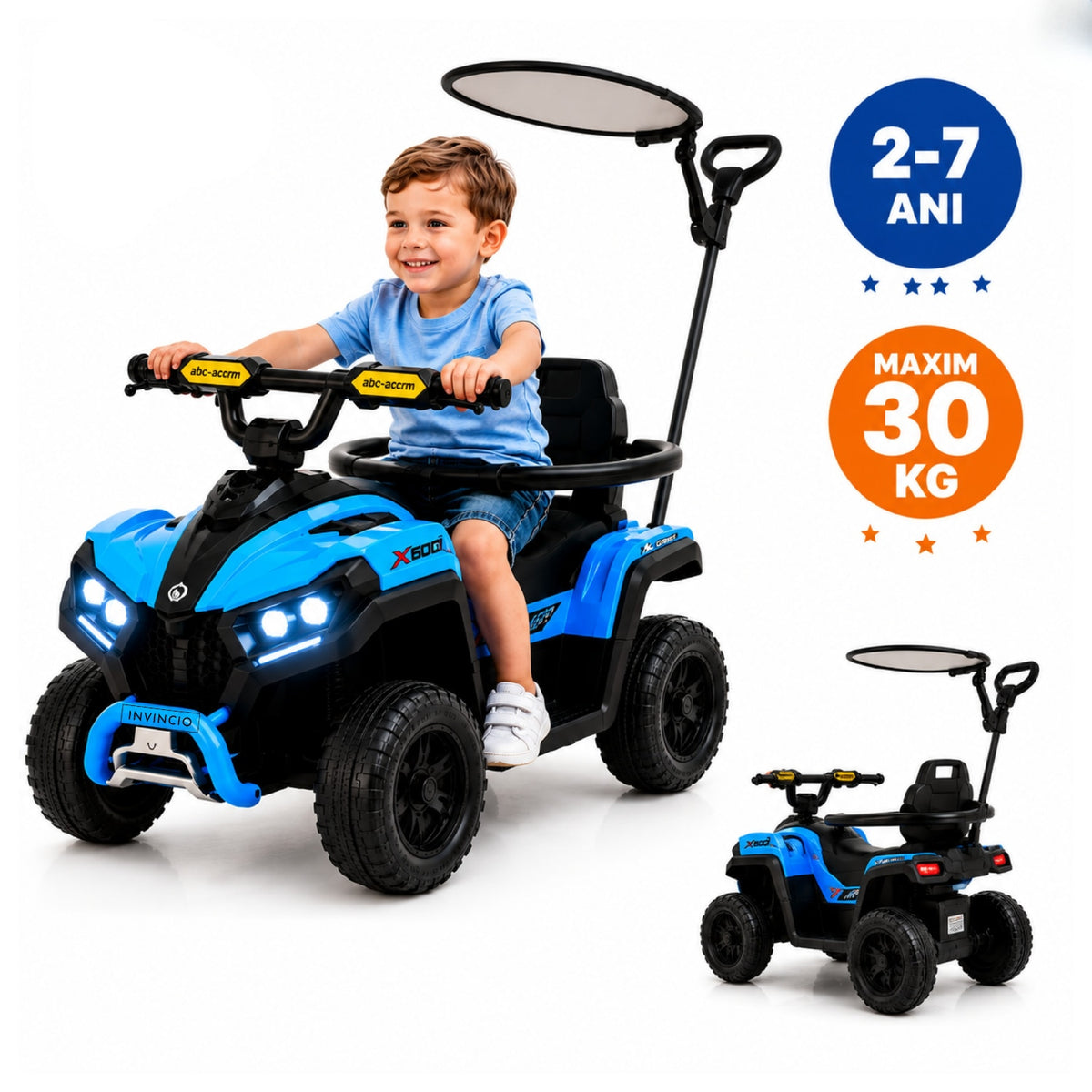 ATV de impins pentru copii Invincio Micul Campion OffRoad 2 in 1, 2-7 ani, maner parental, bara protectie si parasolar detasabile, Faruri functionale, panou muzical USB, suport picioare, max. 30 kg, Albastru