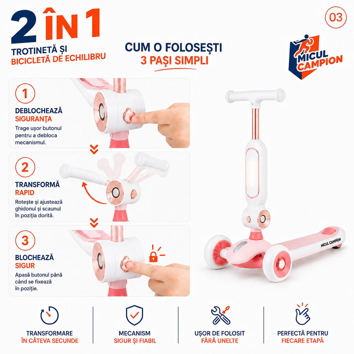 Trotineta Fete 2 in 1 INVINCIO Play – Bicicleta de Echilibru cu Scaun rabatabil, 3 Roti EVA pline silentioase, LED Frontal pentru siguranta sporita, Pliabila usor de depozitat si transportat, Ghidon Reglabil, Frana Spate, 2-5 ani, Max. 30 kg, Alb/Roz