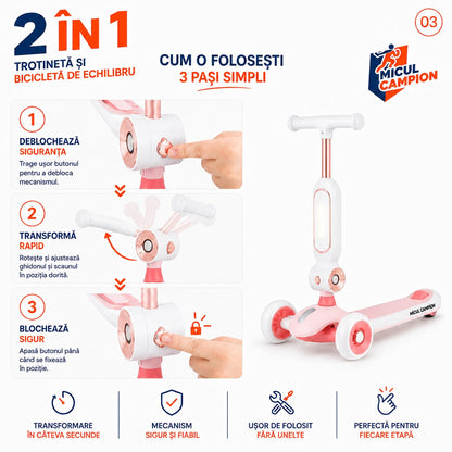Trotineta Fete 2 in 1 INVINCIO Play – Bicicleta de Echilibru cu Scaun rabatabil, 3 Roti EVA pline silentioase, LED Frontal pentru siguranta sporita, Pliabila usor de depozitat si transportat, Ghidon Reglabil, Frana Spate, 2-5 ani, Max. 30 kg, Alb/Roz