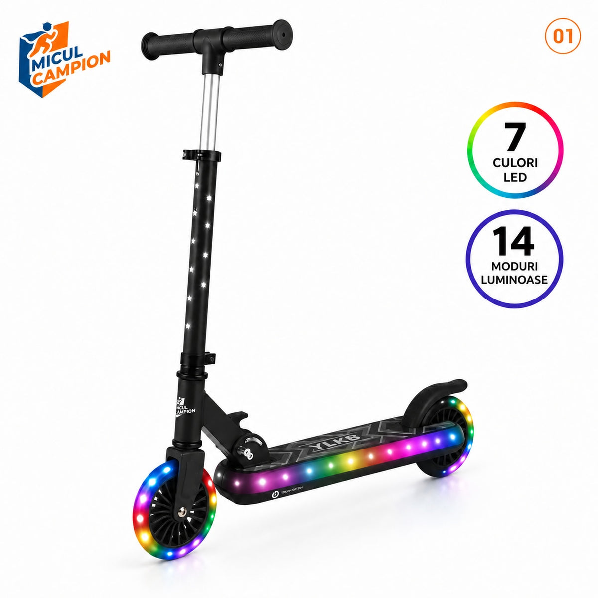 Trotineta copii LED Invincio Micul Campion Pilot, 2-10 ani, pliabila, 2 roti, 7 culori LED, 14 moduri iluminare, platforma anti-derapanta, roti luminoase, ghidon reglabil 3 nivele 76-87 cm, frana spate, cadru rezistent si usor suporta pana la 30kg, Negru