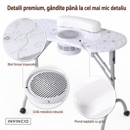Masa pliabila pentru manichiura INVINCIO Practic Style, aspirator praf de unghii de mare putere vortex, perna incheieturi inclusa, roti deplasare, blat spatios usor de curatat, portabila si pliabila, alba