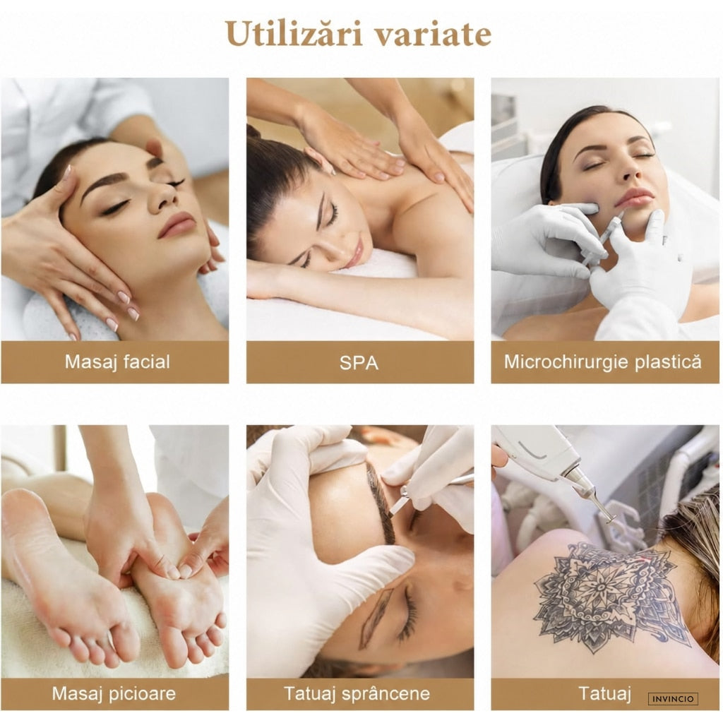 Pat Cosmetica reglabil INVINCIO Profesional, masa SPA, masaj, gene, tatuaje, scaun inclus, spatar si perna picioare reglabile, manere si perna cap detasabile, 2 sertare, 180x60cm, pana la 150kg, usor de curatat, piele ecologica alba