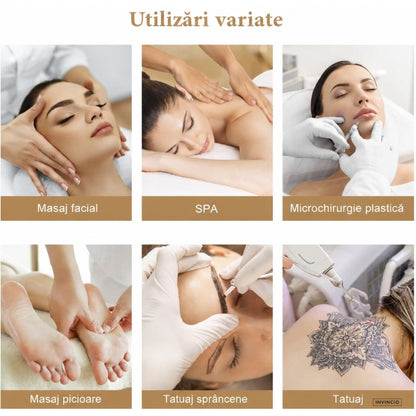 Pat Cosmetica reglabil INVINCIO Profesional, masa SPA, masaj, gene, tatuaje, scaun inclus, spatar si perna picioare reglabile, manere si perna cap detasabile, 2 sertare, 180x60cm, pana la 150kg, usor de curatat, piele ecologica alba