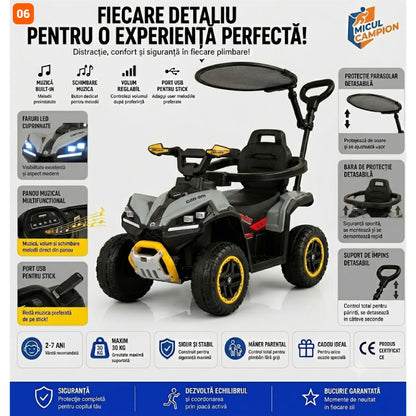 ATV de impins pentru copii Invincio Micul Campion OffRoad 2 in 1, 2-7 ani, maner parental, bara protectie si parasolar detasabile, Faruri functionale, panou muzical USB, suport picioare, max. 30 kg, Alb
