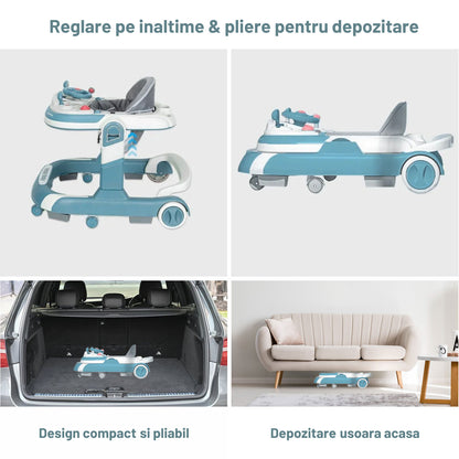Premergator 4 in 1 INVINCIO First Steps, copii 6-24luni, Jucarii Motricitate Interactive, Mod Antemergator, roti silentioase, sistem anti-rasturnare, pliabil si ajustabil pe inaltime in 4 nivele, greutate maxima 30 kg, albastru