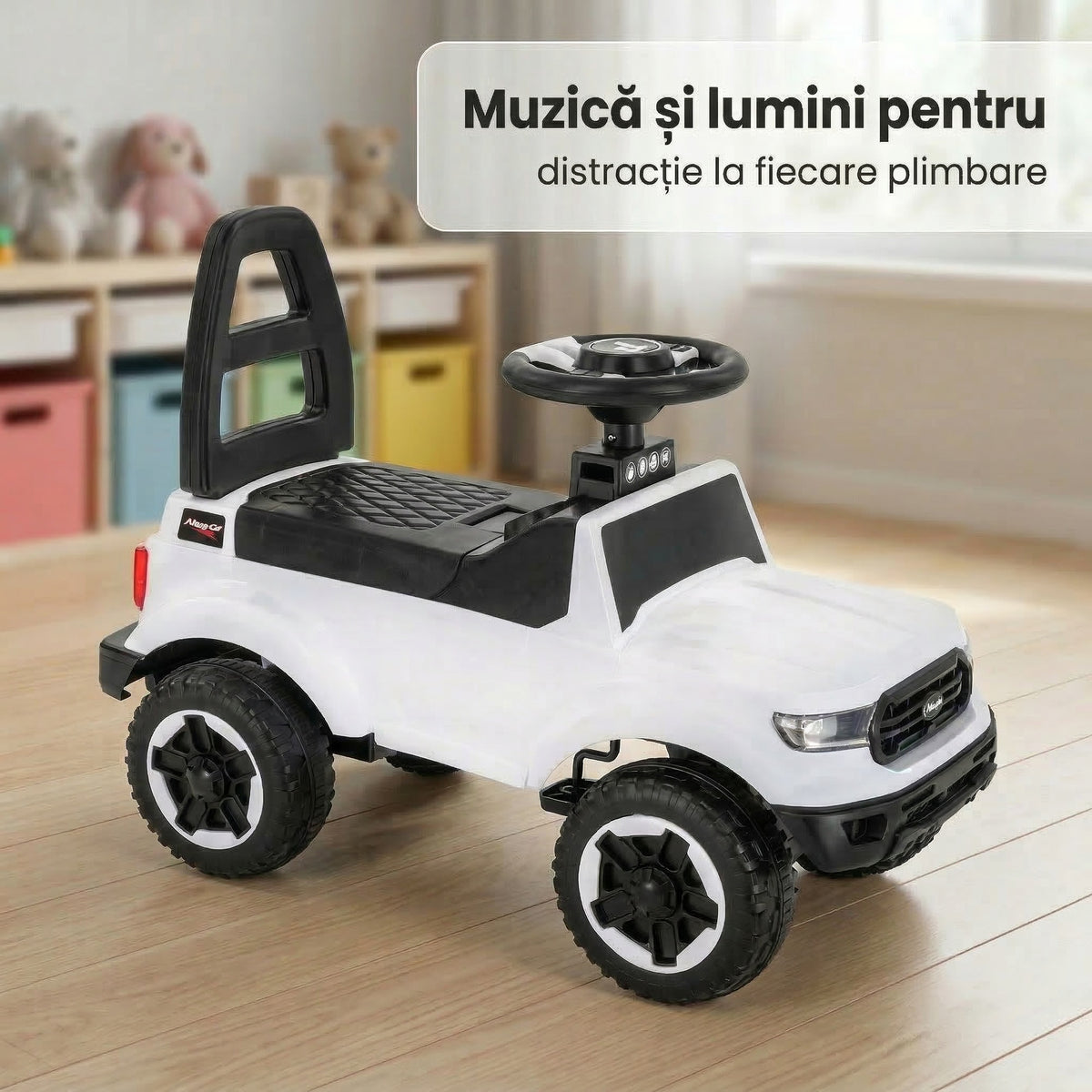 Masinuta Invincio RideOn Ranger, fara pedale, pentru copii 12+ luni, volan cu buton pentru muzica si lumini, spatar siguranta, compartiment depozitare, design tip masina de teren, 4 roti stabile, alba