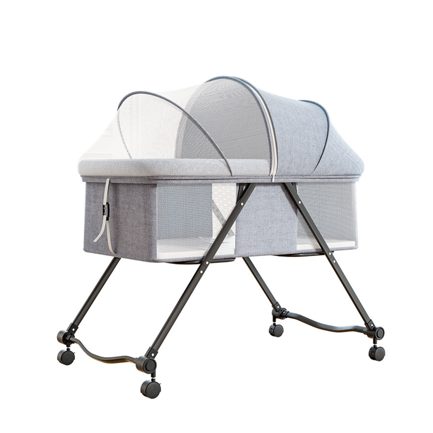 Patut Pliabil pentru bebelusi Bezubi Stars, multifunctional 3 in 1, pat, balansoar si plasa anti-insecte, sistem de blocare roti, 3 trepte de inclinare spatar si zona capului, portabil, adecvat nou nascuti - 2 ani, gri