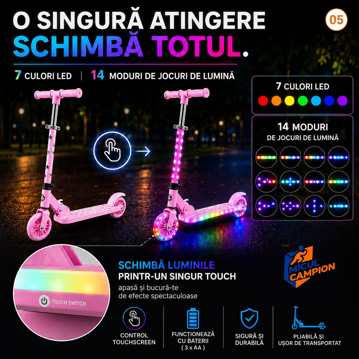 Trotineta copii LED Invincio Micul Campion Pilot, 2-10 ani, pliabila, 2 roti, 7 culori LED, 14 moduri iluminare, platforma anti-derapanta, roti luminoase, ghidon reglabil 3 nivele 76-87 cm, frana spate, cadru rezistent si usor suporta pana la 30kg, Roz