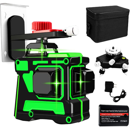 Nivela cu laser verde, 12 linii, orizontal, vertical, perimetral, prindere magnetica, uz interior si exterior, auto-nivelare, rotire 360 grade, acumulatori de schimb