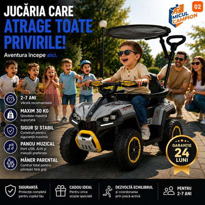 ATV de impins pentru copii Invincio Micul Campion OffRoad 2 in 1, 2-7 ani, maner parental, bara protectie si parasolar detasabile, Faruri functionale, panou muzical USB, suport picioare, max. 30 kg, Alb
